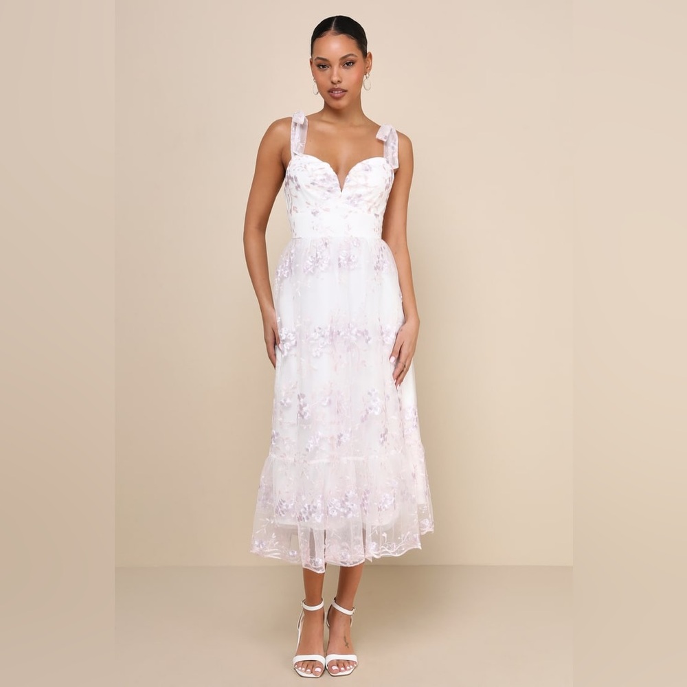 LULUS Distinctly Sweet White Floral Embroidered Tie Strap Midi Dress